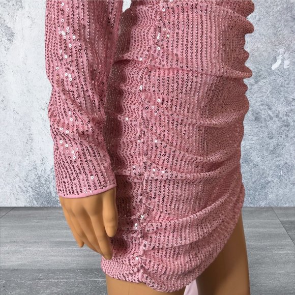 Sequin Ruched Mini Dress Small S Pink Lined Plunging Deep Neckline Long Sleeves - Picture 15 of 16
